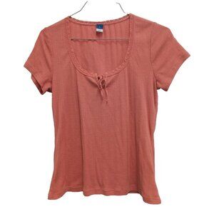 Y2K Old Navy Womens Crop Top Small Coral Crochet Short Sleeve Coquette Preppy